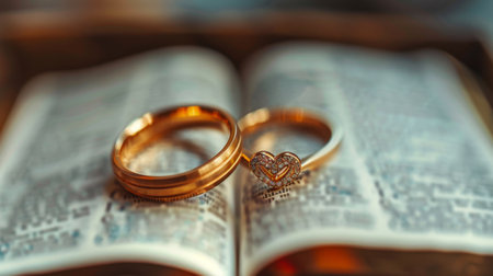 Two shiny wedding rings placed on top of an opened book, symbolizing love and commitment in marriage.の素材