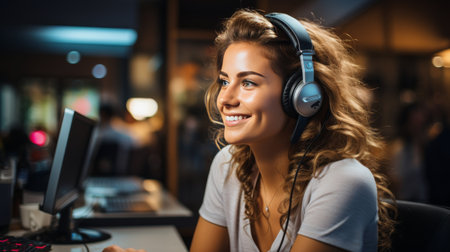 A woman wearing a headset in a dimly lit room, focused on her task.の素材