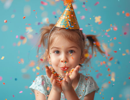 A young girl in a party hat enjoys a delicious slice of cake.の素材