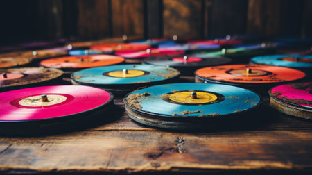 A table is piled high with numerous blue and pink records, creating a colorful and vibrant display.の素材