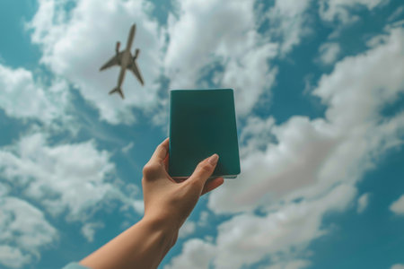 A person standing in front of a plane, holding a green box in their hands.の素材
