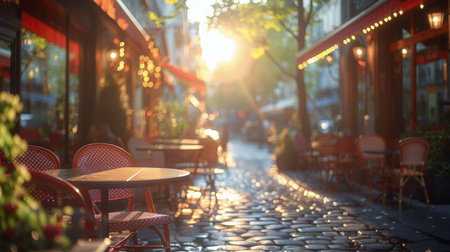 The sun illuminates a cobblestone street, casting shadows and highlighting the texture of the stones.の素材