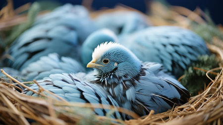 A group of blue birds perched together in a nest, showcasing social behavior and nesting activities.の素材
