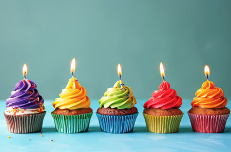 A row of cupcakes with lit candles on a table, ready for celebration or birthday party.の素材