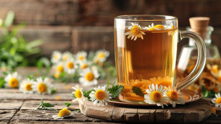 A cup of tea sits on a wooden table surrounded by fresh daisies.の素材