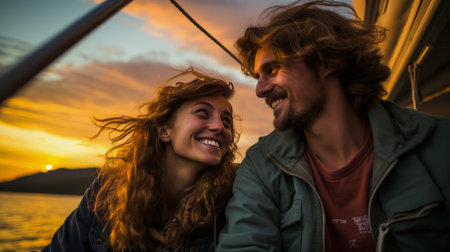 A man and a woman are sitting together on a boat, watching the sunset over the water.の素材