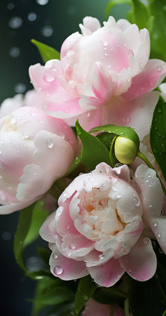 Many pink flowers covered in water droplets, glistening under the light.の素材