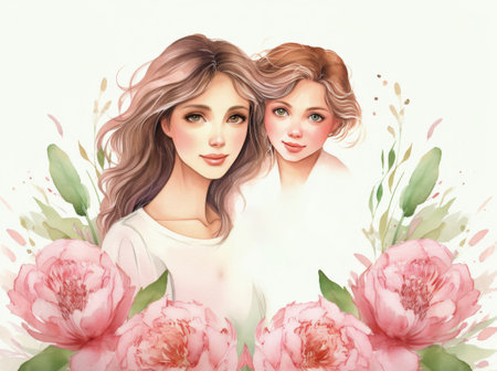 A couple of women standing side by side, looking towards the camera.の素材