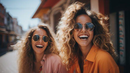 Two women walking on the street, both wearing sunglasses and smiling.の素材