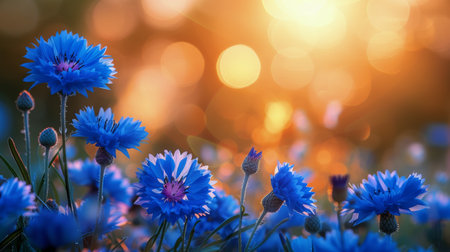 A bunch of blue flowers scattered in green grass.の素材