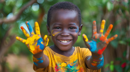 A young boy stands with his hands covered in yellow paint.の素材