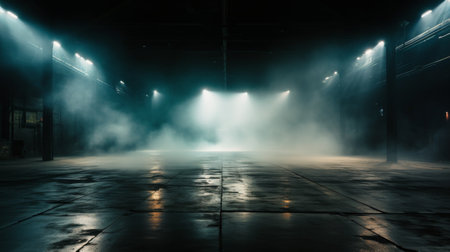 A room filled with bright lights shining in the darkness, illuminating various objects and surfaces.の素材