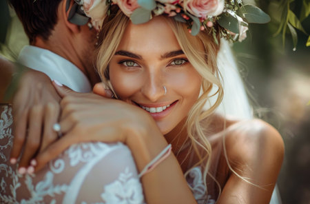 A woman with a crown of flowers on her head, looking directly at the camera.の素材