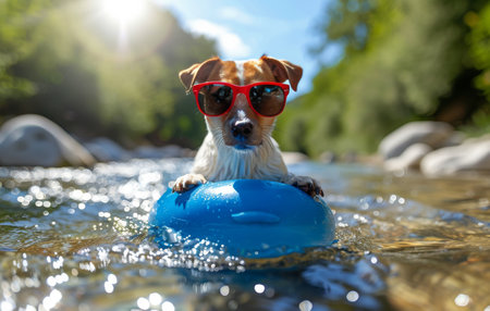 A small dog sits on a blue frisbee while wearing sunglasses, making for a humorous and adorable scene.の素材