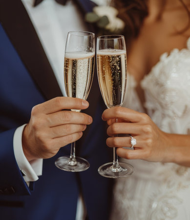 A bride and groom stand together, holding champagne flutes in their hands.の素材