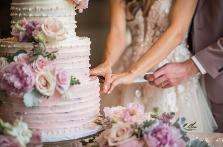 Detailed view of a wedding cake adorned with delicate flowers and intricate design work.の素材