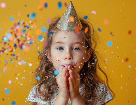 A young female child joyfully blowing colorful confetti while wearing a party hat.の素材