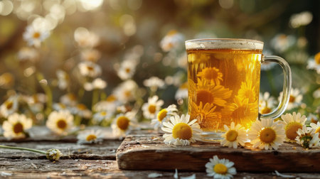 A cup of tea sits on a wooden table surrounded by fresh daisies.の素材