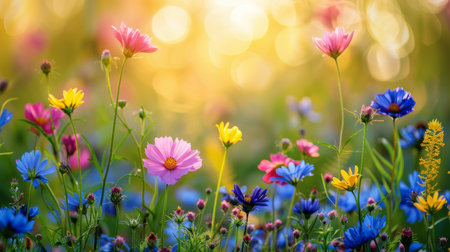 A cluster of various flowers scattered in the grass, showing a natural and vibrant scene.の素材