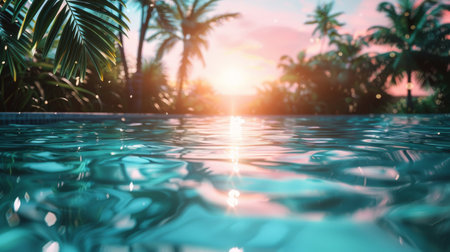 A palm tree is mirrored in the calm surface of a pool of water, creating a striking visual reflection.の素材