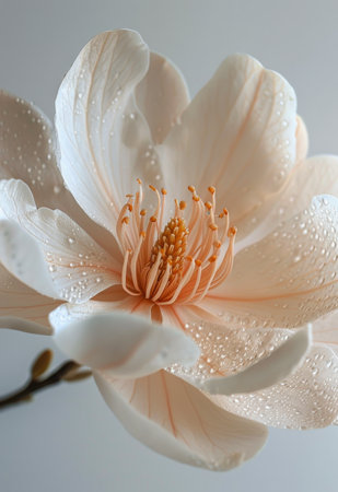 Detailed close up of a bright flower blooming on a clean white backdrop.の素材