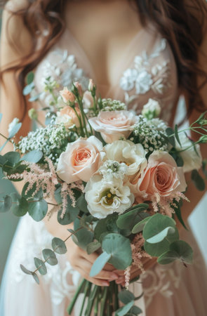 A woman dressed in a white wedding gown holding a bouquet of colorful flowers.の素材