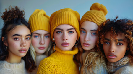 A group of diverse young women standing side by side, showing unity and friendship.の素材