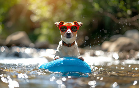 A small dog sits on a blue frisbee while wearing sunglasses, making for a humorous and adorable scene.の素材
