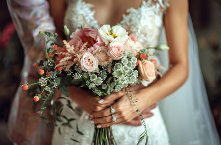Close-up of a bride holding a bouquet of colorful flowers on her wedding day.の素材
