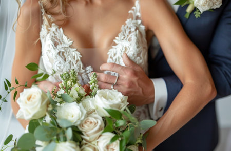 A bride and groom are happily cutting their wedding cake surrounded by guests.の素材