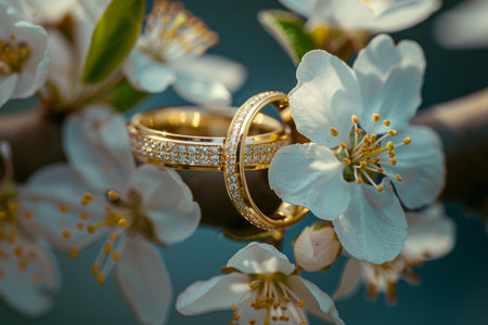 Two gold wedding rings are delicately placed on a branch of a blossoming tree, symbolizing love, commitment, and unity.の素材