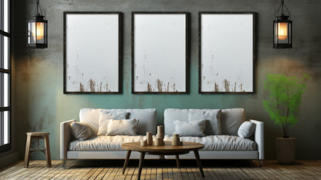 A living room featuring a comfortable couch and a sleek table.の素材