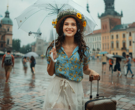 A woman stands in the rain, holding an umbrella in one hand and a suitcase in the other.の素材
