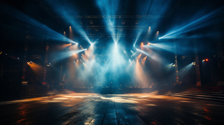 A stage with vibrant lights shining on it, ready for a performance or event.の素材