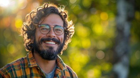 A man with a beard and glasses is smiling in this portrait.の素材
