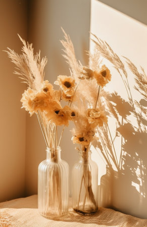 Two vases filled with colorful flowers placed on top of a wooden table.の素材
