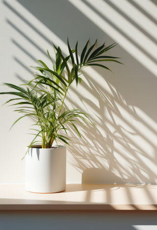 A potted plant placed on top of a wooden table, creating a simple and natural indoor decor setting.の素材