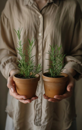 A person holding a potted plant in their hands, showing green leaves and soil.の素材