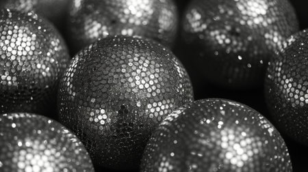 Shiny metallic balls displayed in a black and white setting.の素材