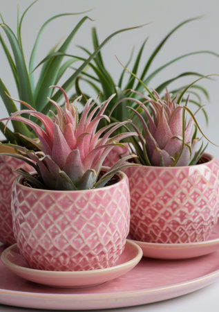 Three pink planters are placed neatly on top of a pink plate, creating a visually appealing arrangement.の素材
