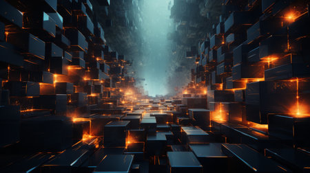 A crowded room filled with numerous black boxes arranged in a grid-like pattern.の素材