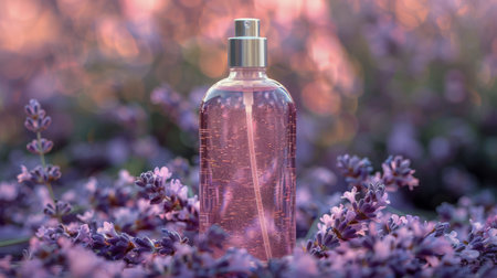 A purple towel and a purple bottle are neatly placed on a counter.の素材