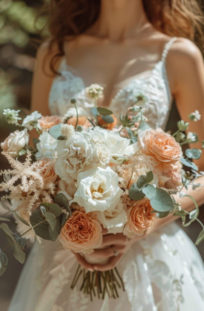 A woman in a white wedding dress holding a colorful bouquet of flowers in her hands.の素材
