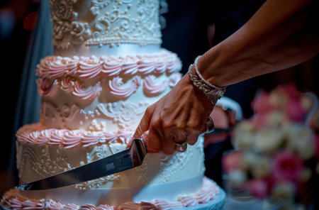 Close up of a person cutting a wedding cake with a knife, surrounded by guests at a wedding reception.の素材