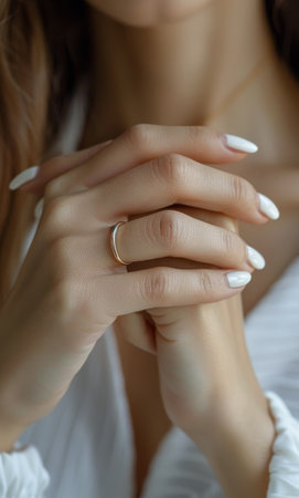A womans hand with a ring on her finger, showing the elegant jewelry piece.の素材