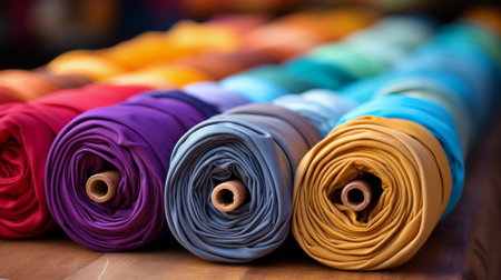 Various colored spools of thread neatly arranged in a cluster.の素材