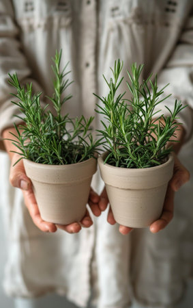 A person holding a potted plant in their hands, showing green leaves and soil.の素材