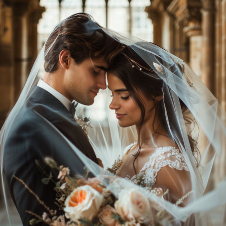 A bride and groom standing side by side underneath a veil, symbolizing their unity and commitment on their wedding day.の素材