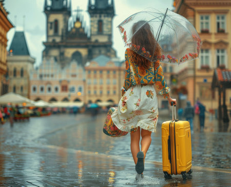 A woman carrying an umbrella and suitcase walks in the rain.の素材