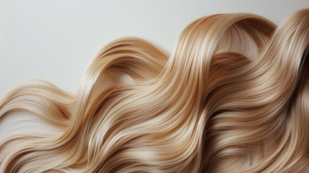 A detailed view of a single strand of long blonde hair, showing its texture, shine, and length.の素材